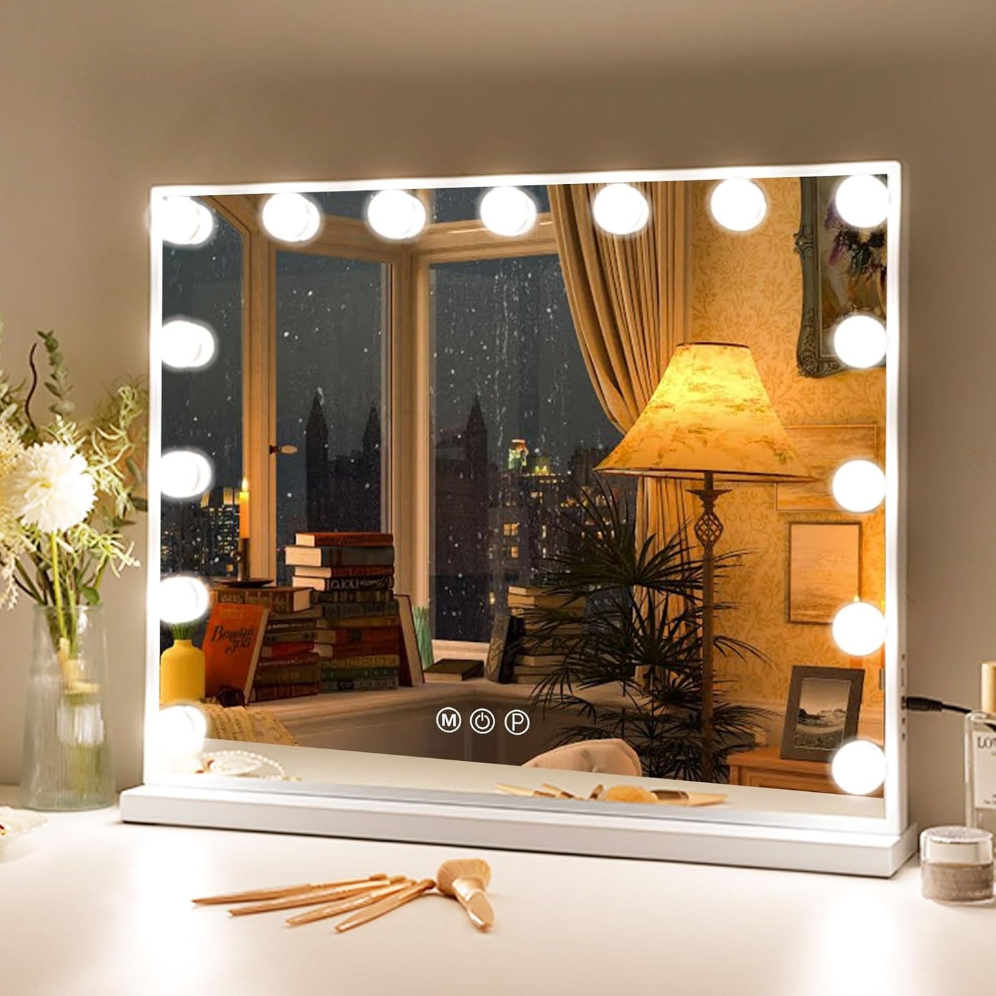 Oglinda machiaj cosmetica profesionala, 58 x 48 cm, cu 15 lumini LED, 3 temperaturi culoare alb cald-alb rece, luminozitate reglabila, cu port USB, cu stand si prindere in perete