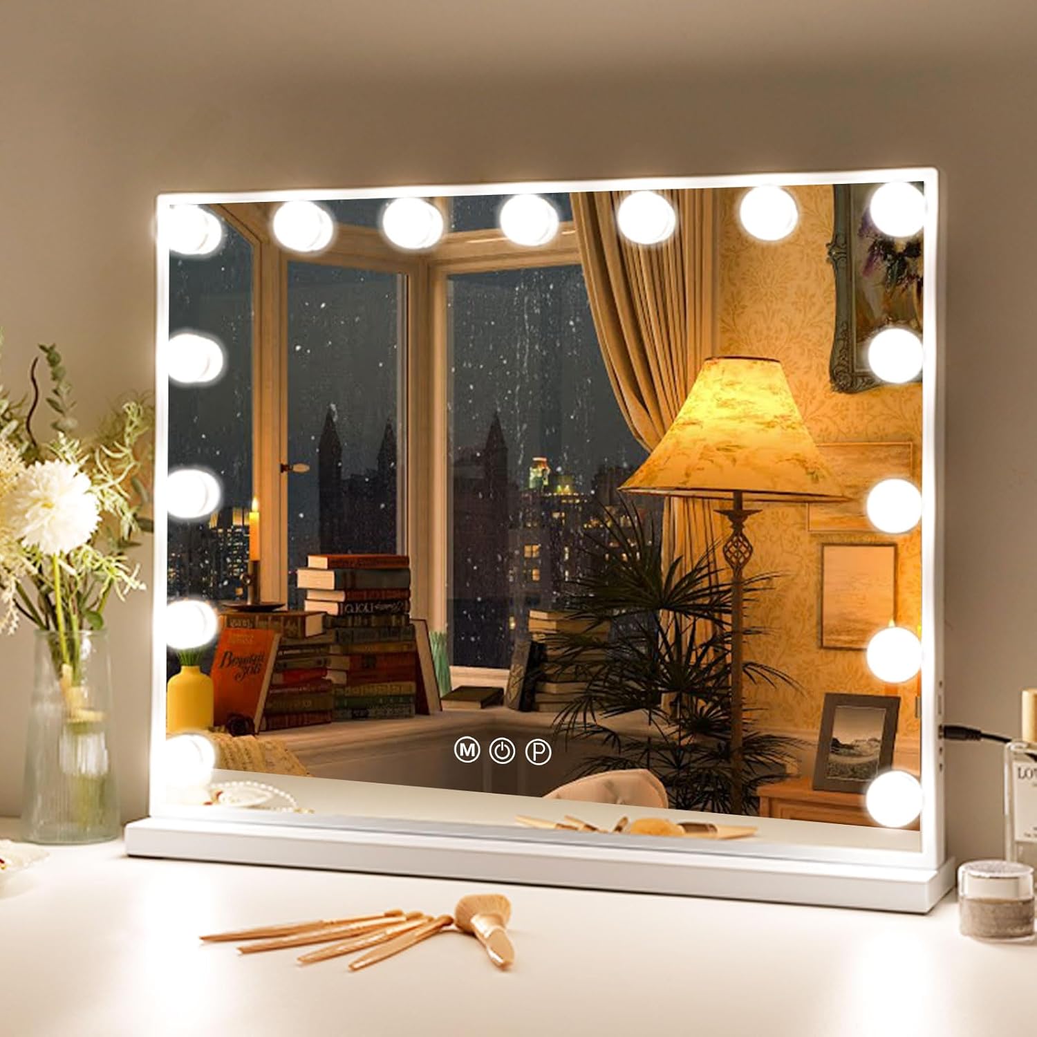 Oglinda machiaj cosmetica profesionala, 58 x 48 cm, cu 15 lumini LED, 3 temperaturi culoare alb cald-alb rece, luminozitate reglabila, cu port USB, cu stand si prindere in perete