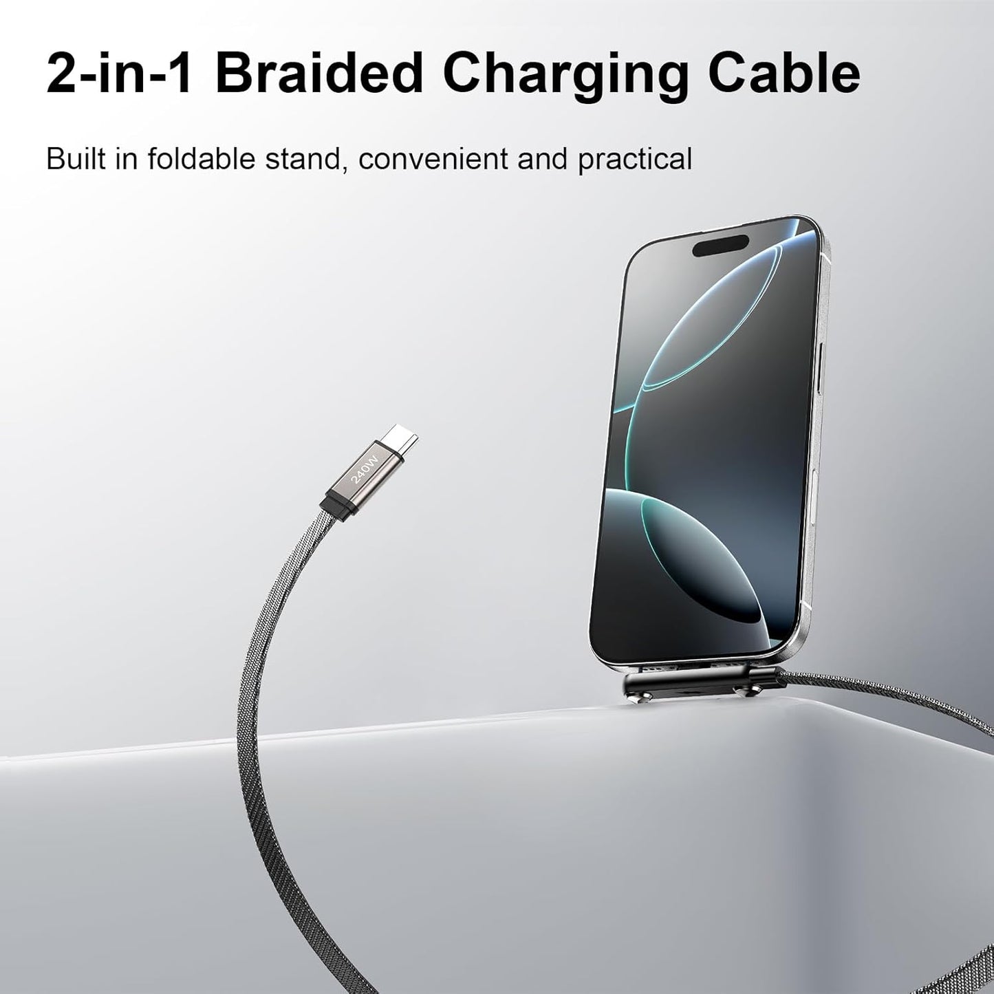 Cablu USB-C la USB-C Coolden 1, 5 m, pachet 2 bucati, incarcare rapida 240 W cu suport integrat pentru telefon mobil, transfer date 480 Mbps, compatibil iPhone 15/16/17 si alte dispozitive Type-C