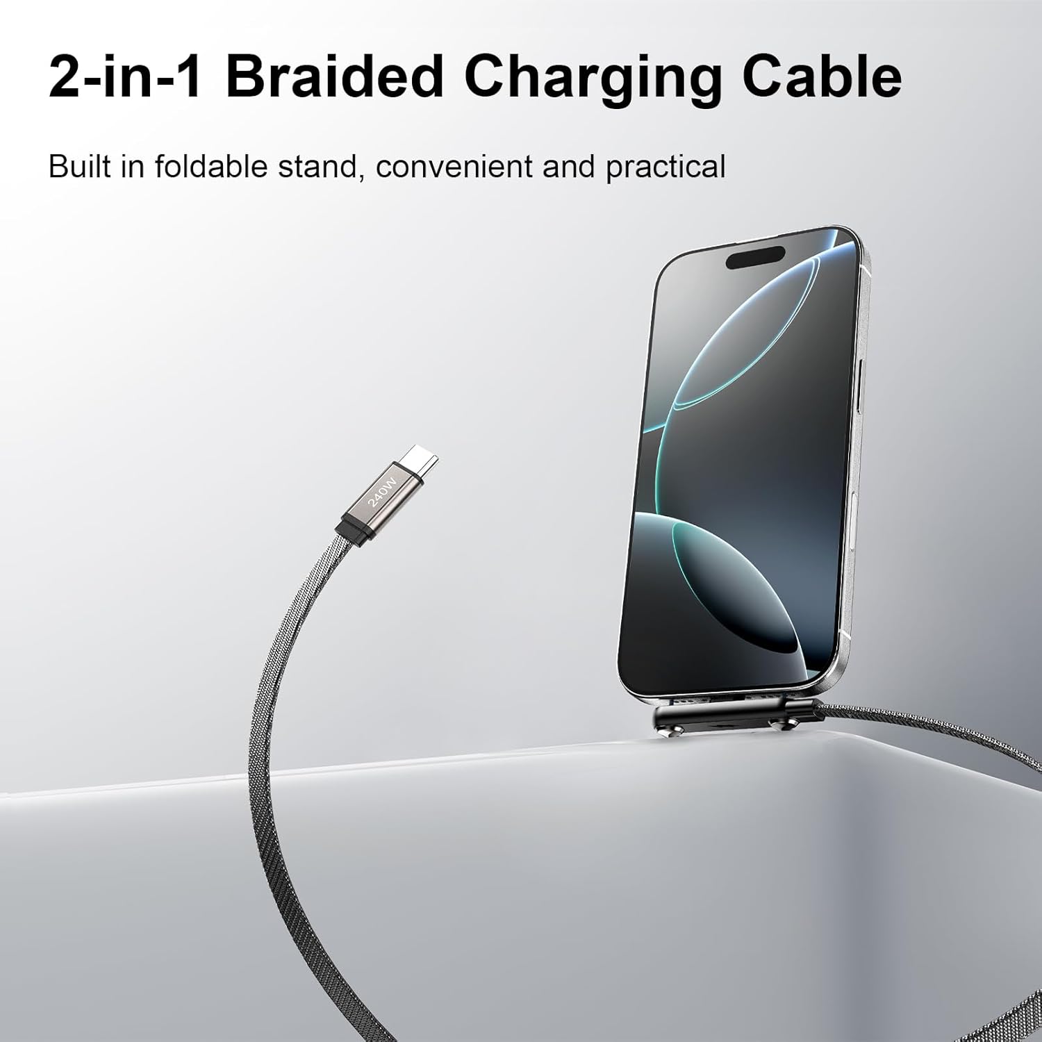 Cablu USB-C la USB-C Coolden 1, 5 m, pachet 2 bucati, incarcare rapida 240 W cu suport integrat pentru telefon mobil, transfer date 480 Mbps, compatibil iPhone 15/16/17 si alte dispozitive Type-C