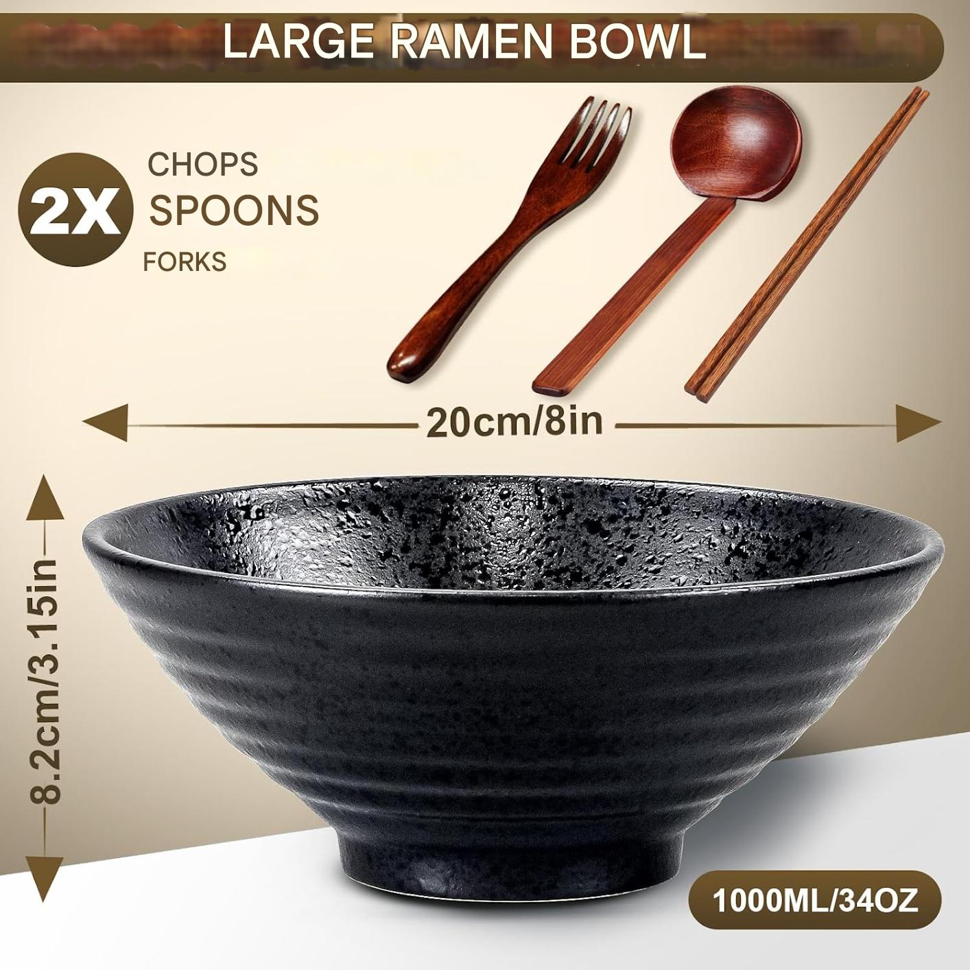 Set 2 boluri japoneze pentru ramen, 1000 ml, din ceramica, cu betisoare, linguri si retete, compatibile masina de spalat vase si microunde, multifunctionale, negru