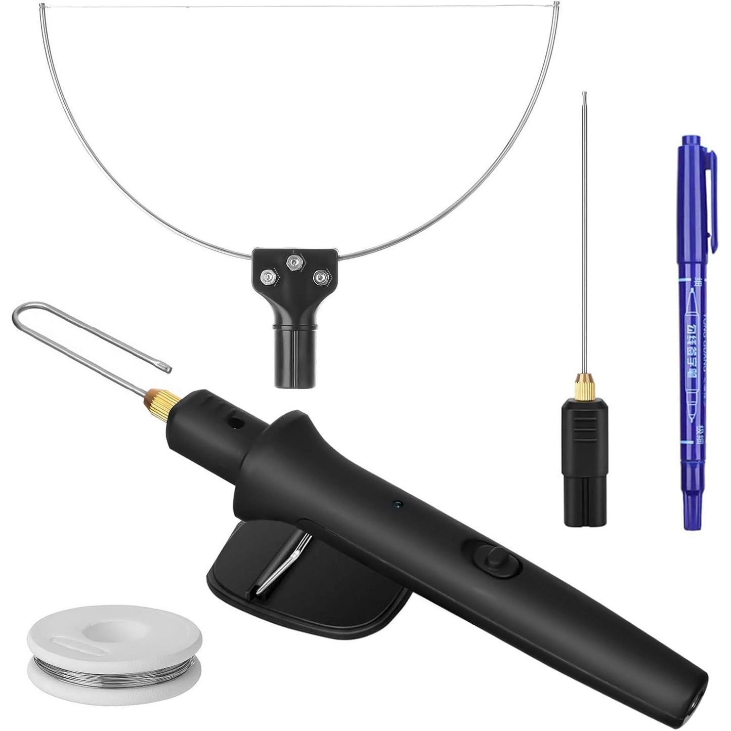 Aparat de taiat polistiren 3 in 1, cu fir cald, 3 varfuri interschimbabile, buton pornit/oprit, indicator LED, 100-240V/18W, pentru sticla celulara, burete, EPS, EPP, negru