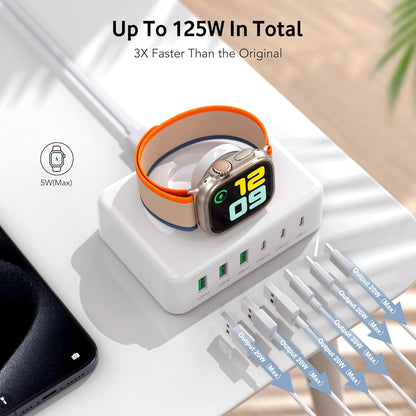 Incarcator retea 125W cu stand incarcare magnetic pentru Apple Watch, 3 porturi USB-C si 3 porturi USB-A, sursa alimentare cu incarcare rapida 20W pentru iPhone, iPad, Samsung, Huawei, Redmi