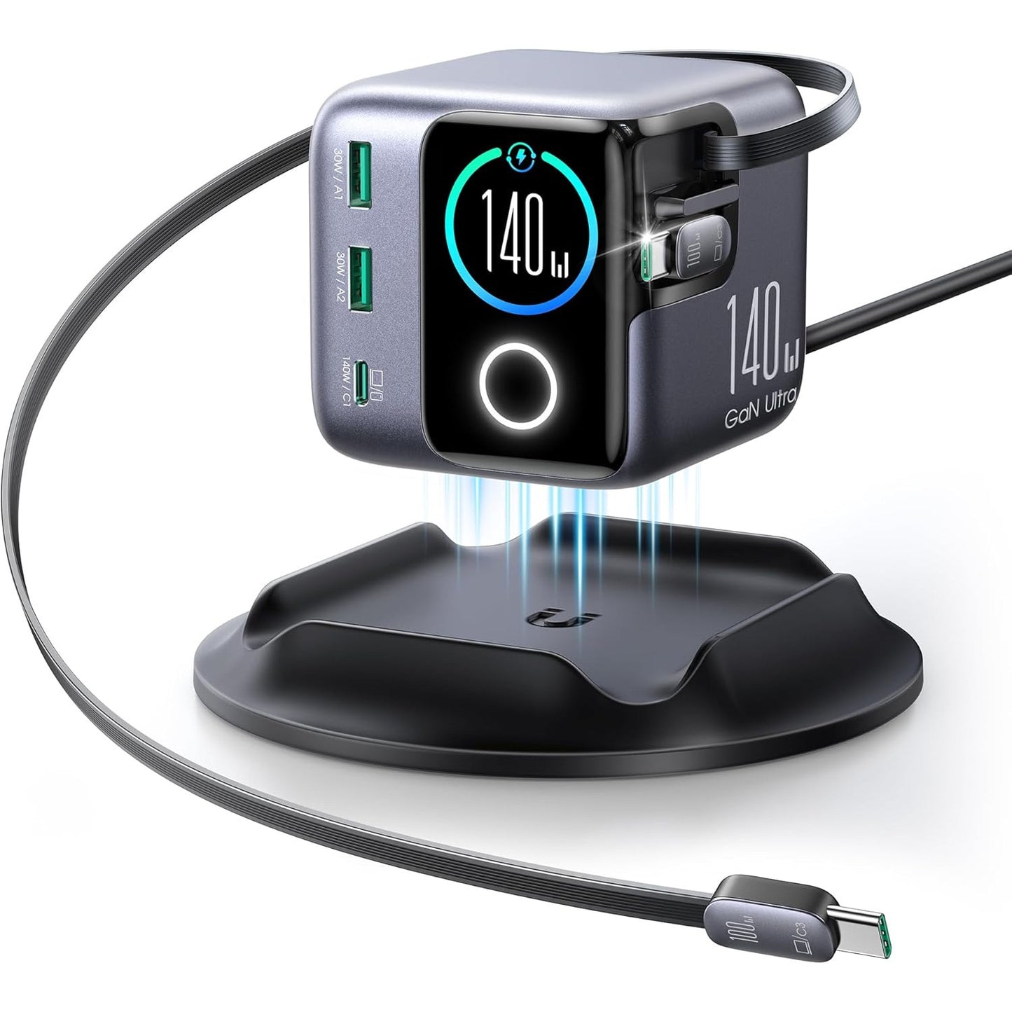 Statie Incarcare JOYROOM PODIX 140W GaN, incarcator rapid USB-C 5-in-1 cu 2 cabluri retractabile 100W, design rotativ la 180°, display LCD 1.54”, 3x USB-C + 2x USB-A, compatibil MacBook, iPhone, Samsung