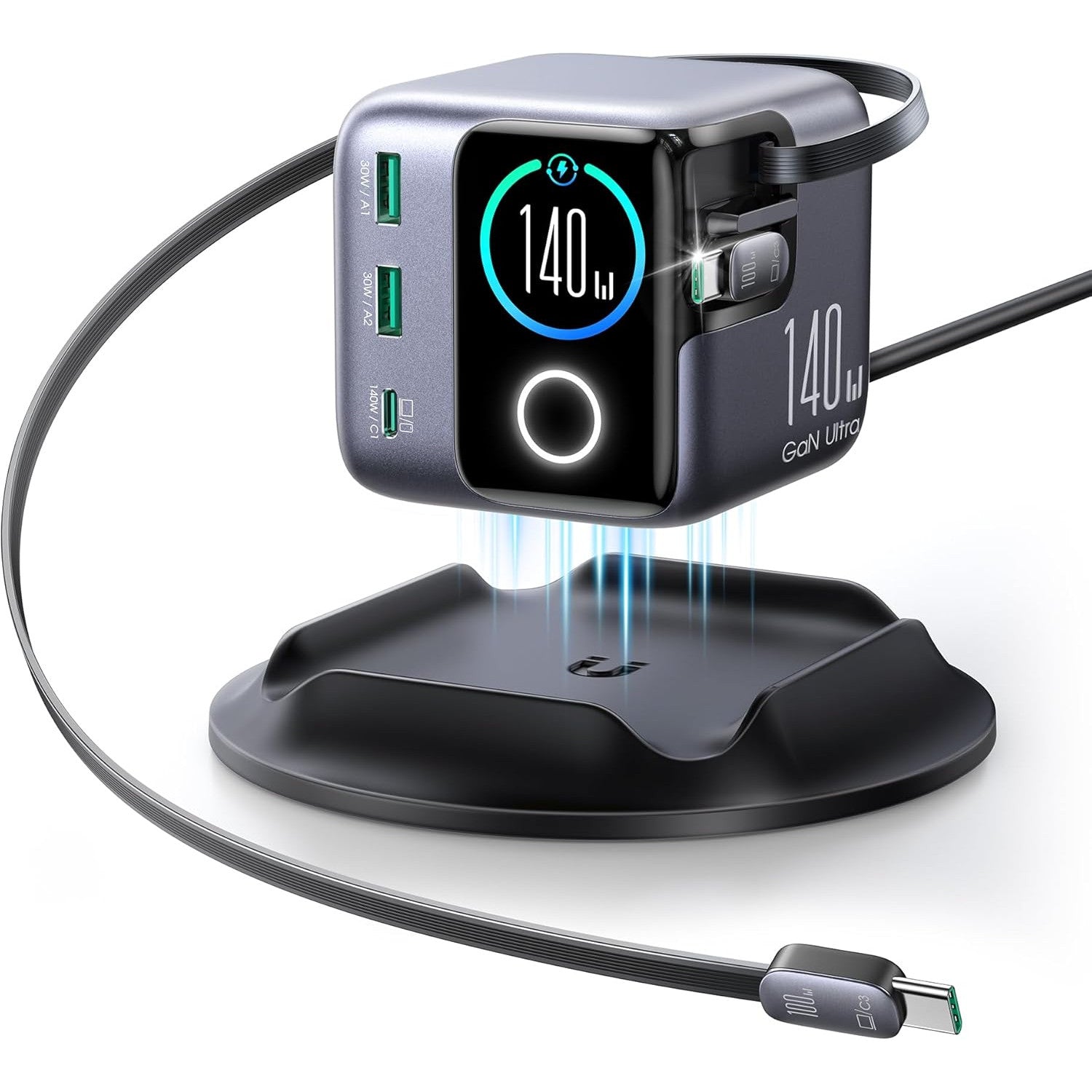 Statie Incarcare JOYROOM PODIX 140W GaN, incarcator rapid USB-C 5-in-1 cu 2 cabluri retractabile 100W, design rotativ la 180°, display LCD 1.54”, 3x USB-C + 2x USB-A, compatibil MacBook, iPhone, Samsung