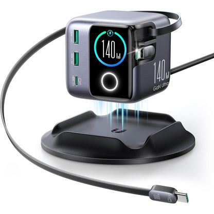 Statie Incarcare JOYROOM PODIX 140W GaN, incarcator rapid USB-C 5-in-1 cu 2 cabluri retractabile 100W, design rotativ la 180°, display LCD 1.54”, 3x USB-C + 2x USB-A, compatibil MacBook, iPhone, Samsung