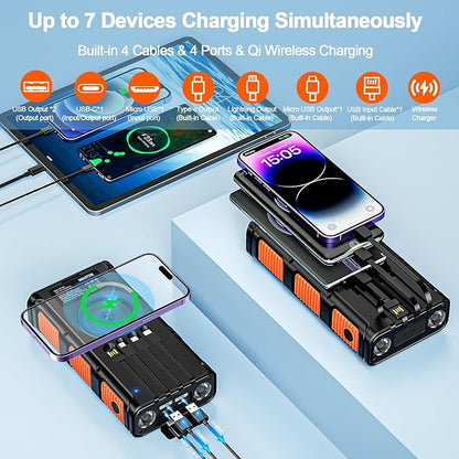 Baterie externa wireless solara, 26800 mAh, Power Bank cu incarcare wireless QI, cu manivela si 4 cabluri, lanterna 3 moduri LED, busola incorporata, carabina, baterie externa pentru camping si drumetii