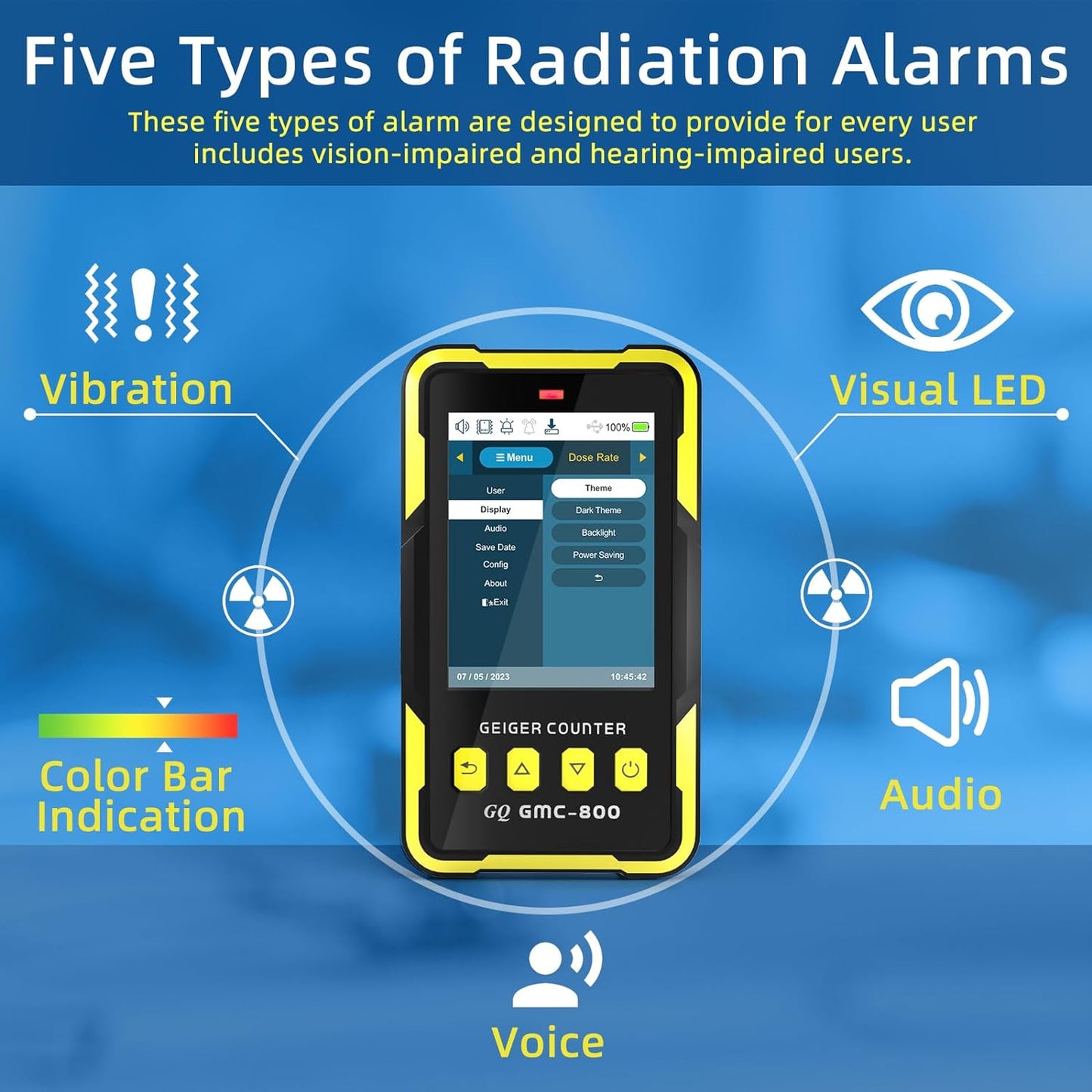 Detector radiatii nucleare, contor Geiger, raze Beta, Gamma si X, dozimetru portabil cu display LED, reincarcabil, memorie interna, alarma sonora, vibratii, design ergonomic, multifunctional