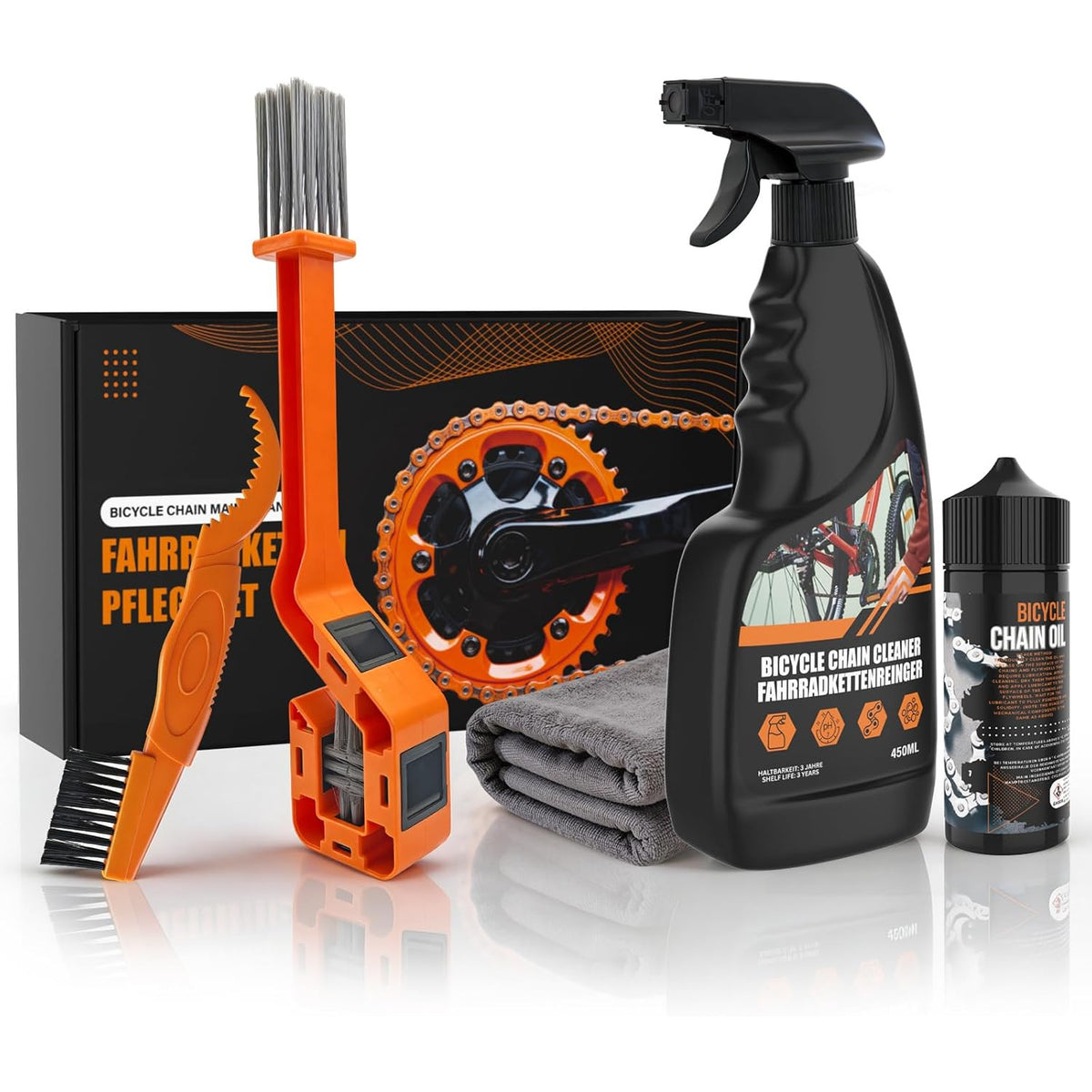 Kit curatare lant bicicleta, cu degresant 450 ml si ulei pentru lant 120 ml, perii curatare transmisie, laveta microfibra, set intretinere pentru MTB, cursiera si eBike