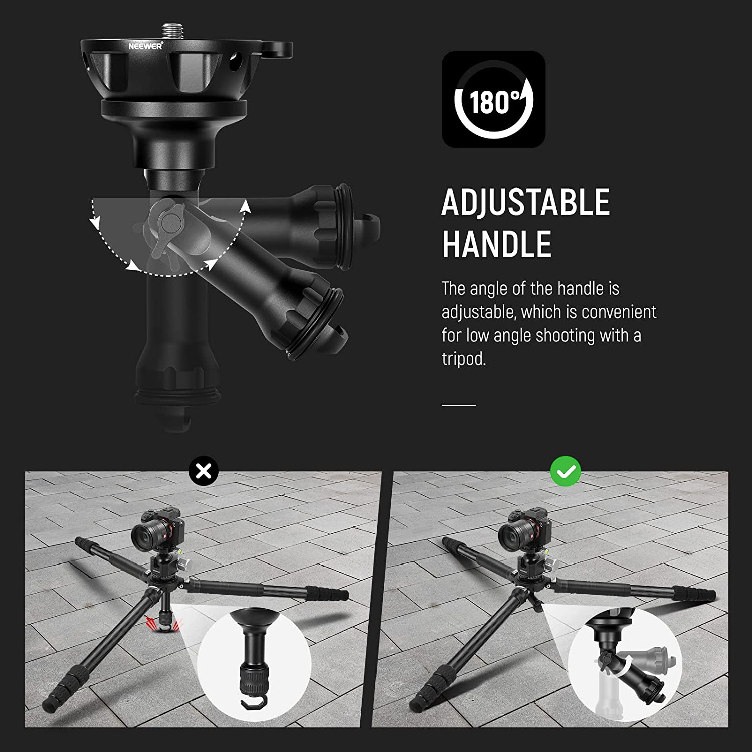 Baza de nivelare cap trepied cu bula, din aliaj de aluminiu, cu carlig pentru sac nisip, cu surub de montare 3/8", pliabil, Neewer GM003