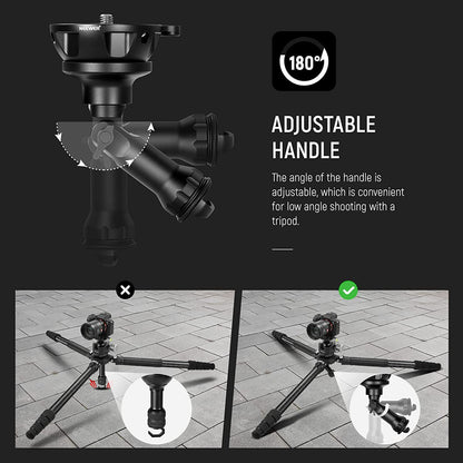Baza de nivelare cap trepied cu bula, din aliaj de aluminiu, cu carlig pentru sac nisip, cu surub de montare 3/8", pliabil, Neewer GM003
