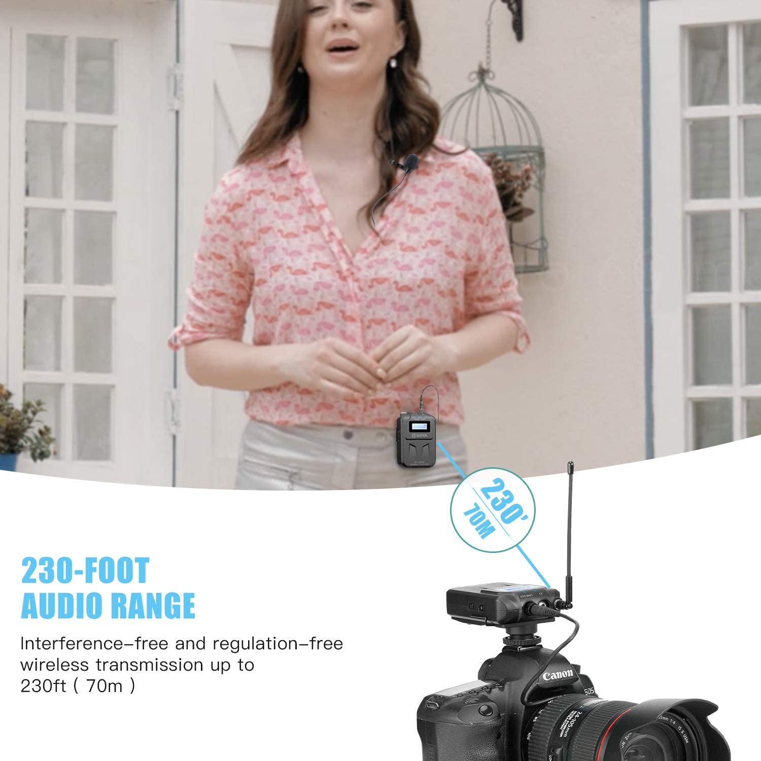 Microfon lavaliera wireless UHF, cu 1 transmitator si 1 receptor, 48 canale, acumulator incorporat, display LCD, distanta de transmitere pana la 70m, pentru camera DSLR, smartphone, PC, Laptop