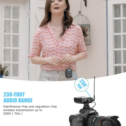 Microfon lavaliera wireless UHF, cu 1 transmitator si 1 receptor, 48 canale, acumulator incorporat, display LCD, distanta de transmitere pana la 70m, pentru camera DSLR, smartphone, PC, Laptop