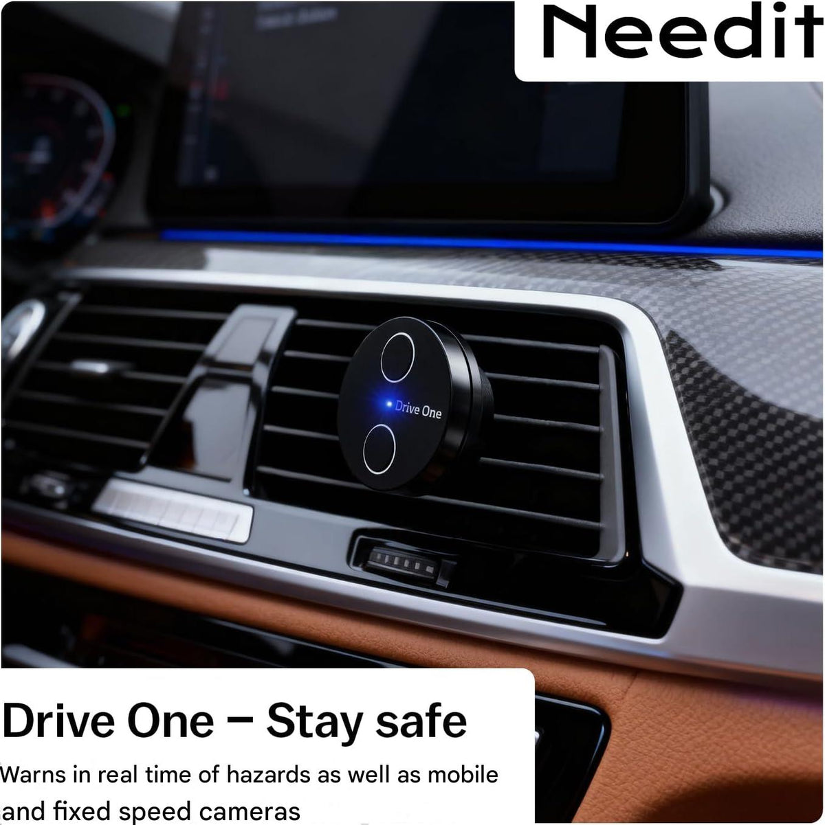 Alarma trafic Needit Drive One 2 Model 2026, avertizare camere radar fixe si mobile, avertismente sonore si LED, baza date BlitzerApp Europa, instalare automata Plug & Play, design discret pentru bord, negru