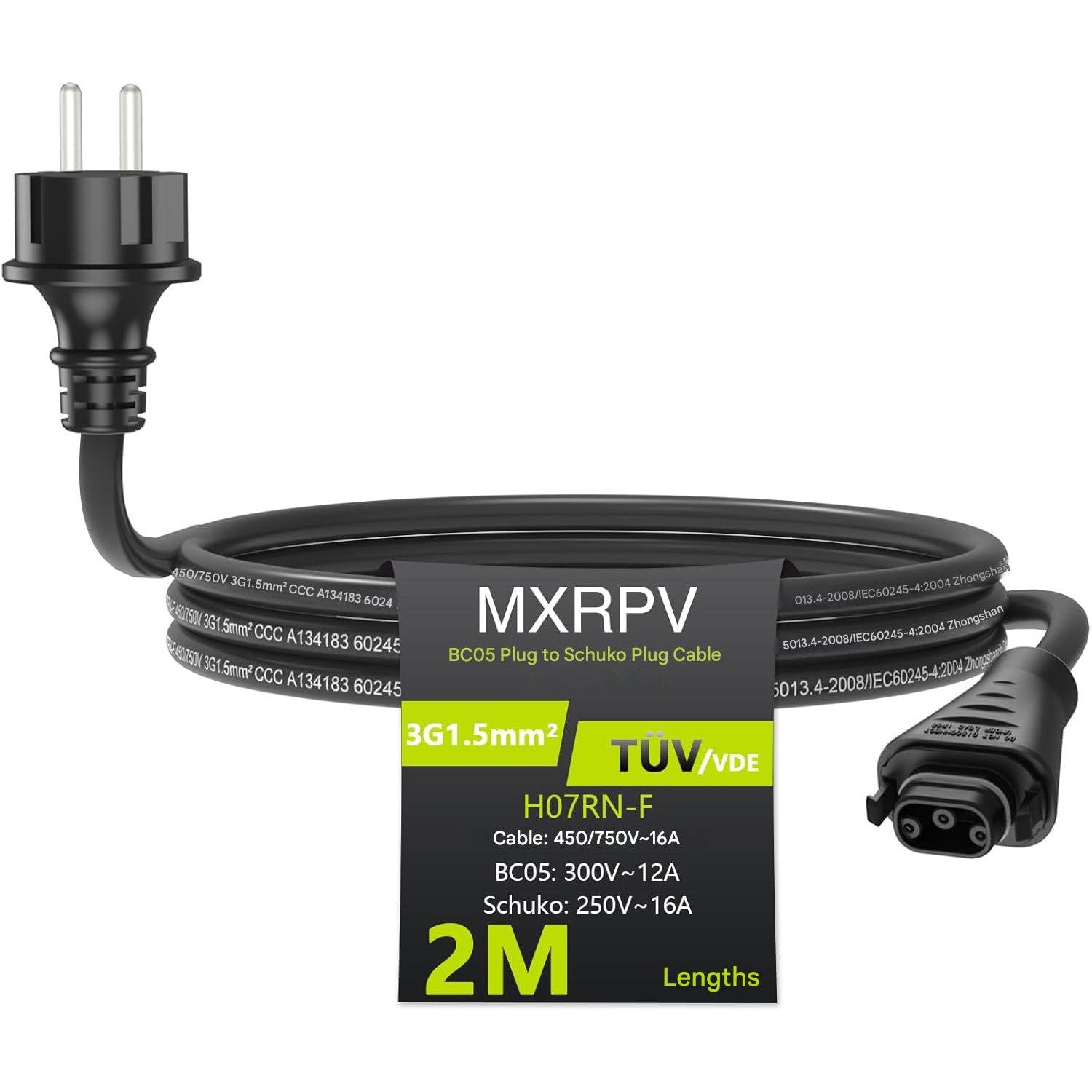 Cablu alimentare BC05 de 2 m pentru micro‑invertor solare HMS, IP68, conector BC05 la priza Schuko, rezistent la intemperii, conexiune sigura si stabila, instalare rapida, flexibil pentru instalare in gradina sau exterior