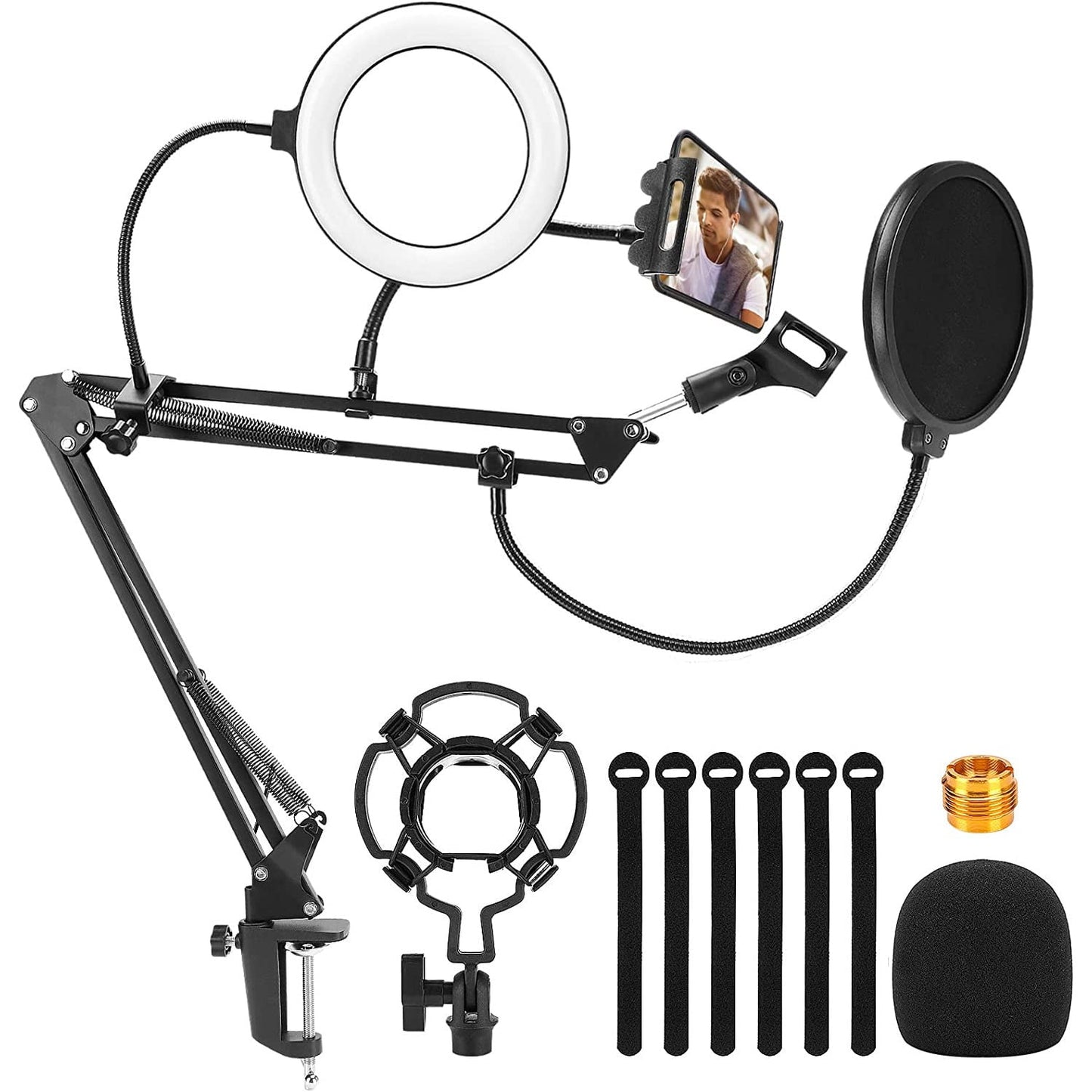 Set brat cu menghina cu suport pentru microfon, filtru pop, ring light LED USB, stand cu suport pentru telefon, Profesional, Ajustabil