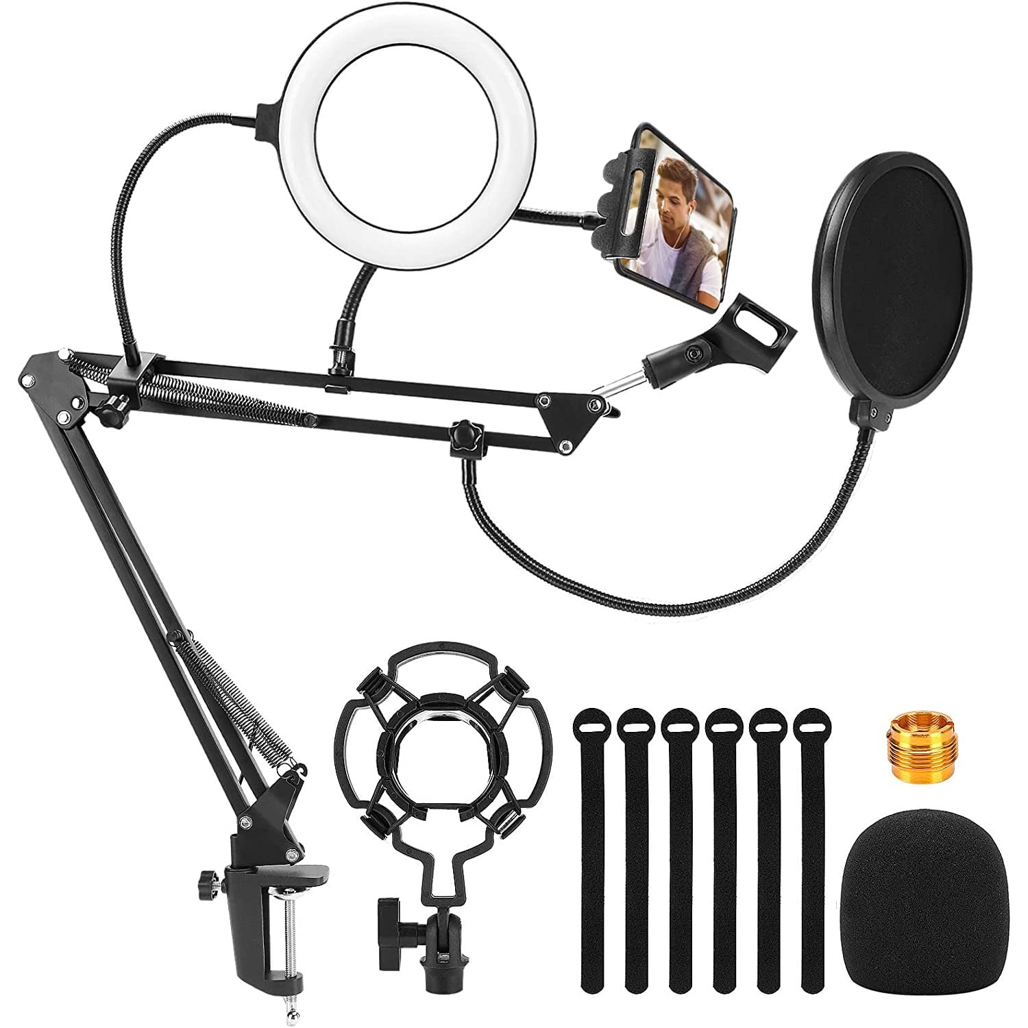 Set brat cu menghina cu suport pentru microfon, filtru pop, ring light LED USB, stand cu suport pentru telefon, Profesional, Ajustabil
