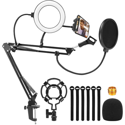 Set brat cu menghina cu suport pentru microfon, filtru pop, ring light LED USB, stand cu suport pentru telefon, Profesional, Ajustabil