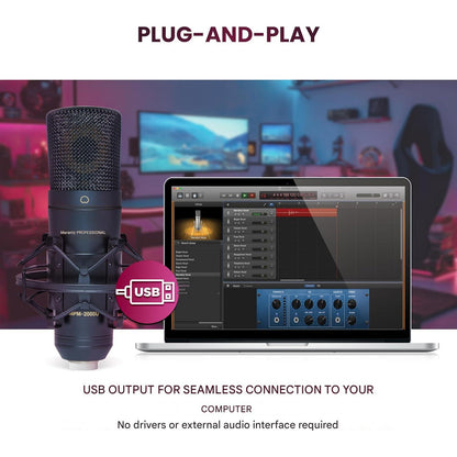 Microfon USB Marantz Professional MPM-2000U cu diafragma mare, calitate audio de studio, ideal pentru inregistrari profesionale, podcasturi, Streaming Twitch, YouTube, voce si instrumente acustice, include suport antisoc, cablu USB si geanta de transport