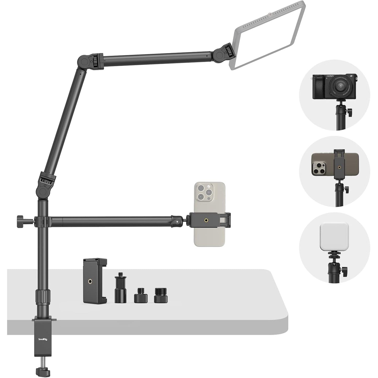 Stativ foto pentru camere DSLR, suport cu 2 brate SMALLRIG, brat detasabil flexibil, cap sferic 360°, cu surub 1/4 inch, clema C pentru fixare pe masa, ideal pentru fotografii, videografie, streaming live, vlogging si productie video profesionala