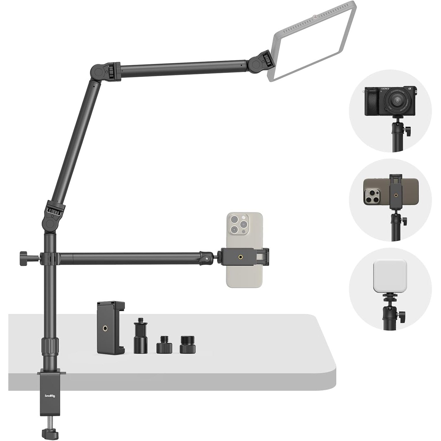 Stativ foto pentru camere DSLR, suport cu 2 brate SMALLRIG, brat detasabil flexibil, cap sferic 360°, cu surub 1/4 inch, clema C pentru fixare pe masa, ideal pentru fotografii, videografie, streaming live, vlogging si productie video profesionala