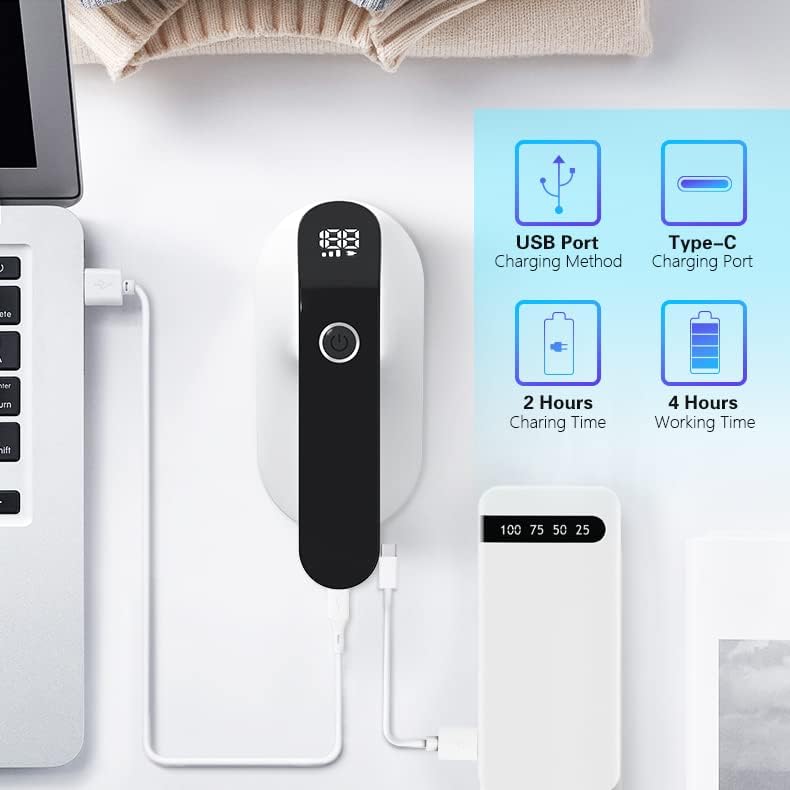 Aparat de curatat scame reincarcabil USB cu acumulator de 2000 mAh, afisaj LED, 3 viteze, 2 lame de schimb cu 6 pale, suport de perete, viteza maxima 9000 rpm, alb