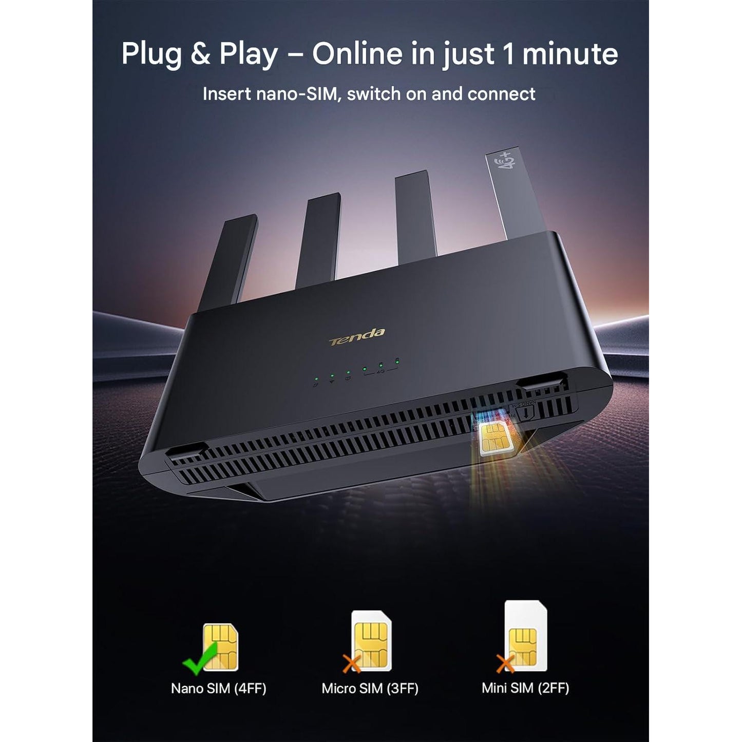 Router 4G+ LTE Tenda 4G08, Dual-Band AC1200, Cat6 pana la 300 Mbps, Slot Nano SIM, 4 antene externe, porturi Gigabit LAN/WAN, MU-MIMO, Mesh WiFi+, OpenVPN, Plug & Play, control prin aplicatie, negru