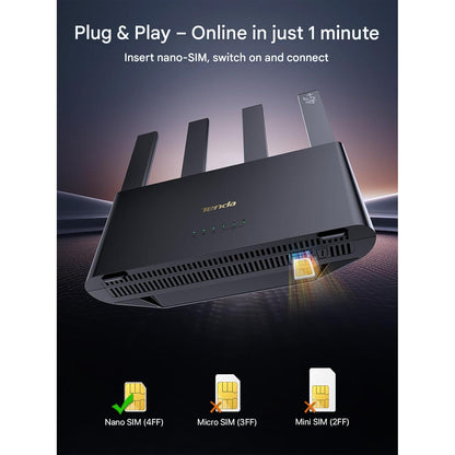Router 4G+ LTE Tenda 4G08, Dual-Band AC1200, Cat6 pana la 300 Mbps, Slot Nano SIM, 4 antene externe, porturi Gigabit LAN/WAN, MU-MIMO, Mesh WiFi+, OpenVPN, Plug & Play, control prin aplicatie, negru