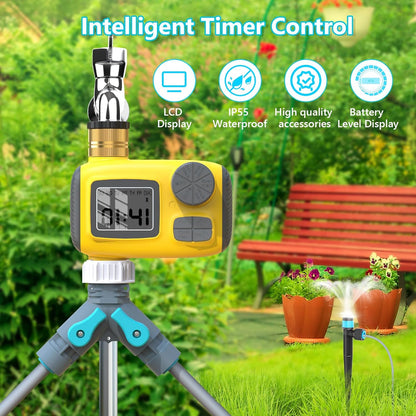 Sistem de irigare automat cu temporizator digital, kit picurare programabil, afisaj LCD, pana la 3 programe zilnice, mod manual si intarziere ploaie, filtru metalic, conexiune alama 360°, rezistent IP55, pentru gradina, gazon si sera