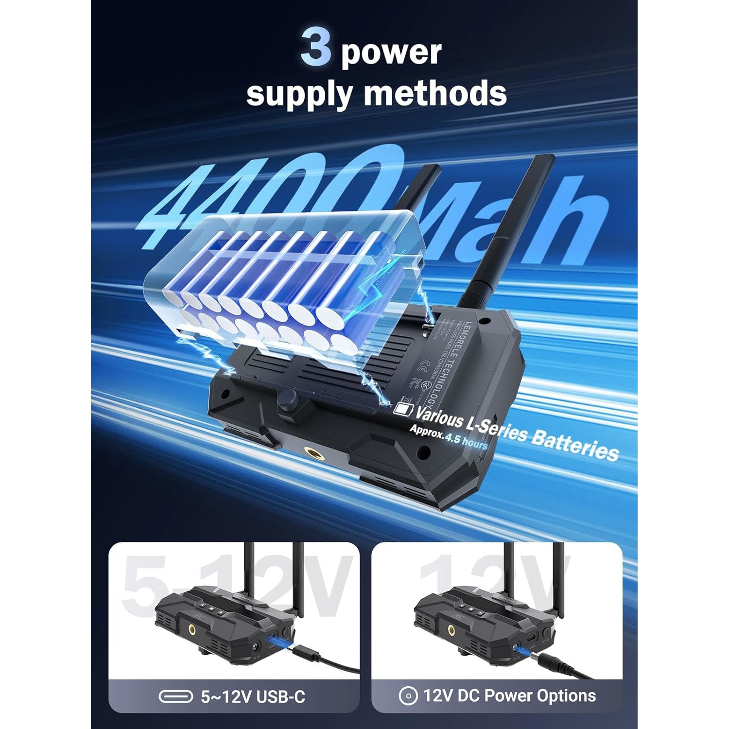 Set Extender HDMI Wireless 5G, FullHD 1080P, Transmitator cu functie Loop si Receptor, Ecran OLED, cu 2 acumulatori 4400mAh, compatibil cu baterii NP-F970/750/550, latenta scazuta, pana la 200 m, Lemorele