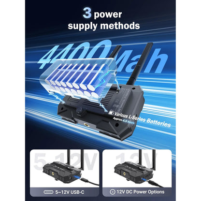 Set Extender HDMI Wireless 5G, FullHD 1080P, Transmitator cu functie Loop si Receptor, Ecran OLED, cu 2 acumulatori 4400mAh, compatibil cu baterii NP-F970/750/550, latenta scazuta, pana la 200 m, Lemorele