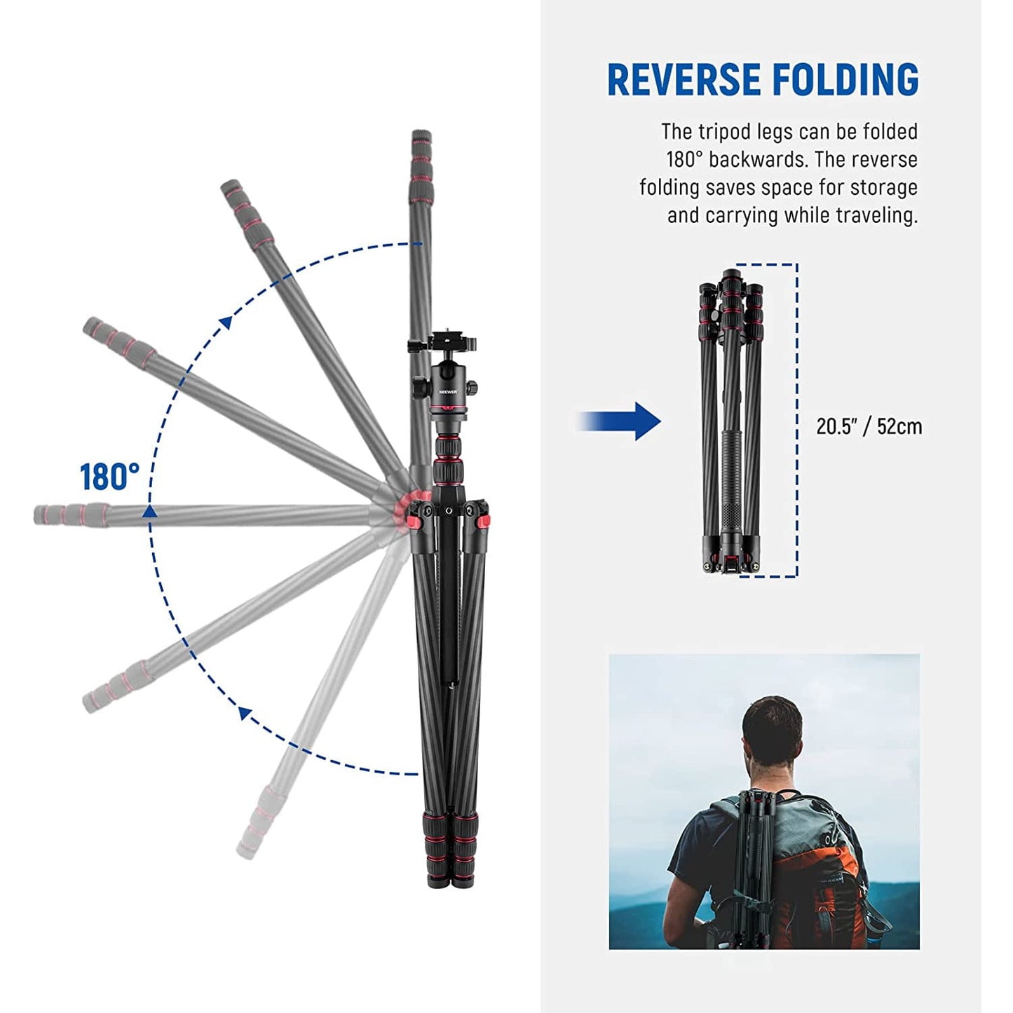 Trepied 2 in 1 monopied din fibra de carbon de 205 cm, cu cap bila 360° cu patina quick release tip arca 6,35 mm, inaltime reglabila 68 cm - 205 cm, greutate maxima suportata 12 kg, Neewer N55 CR