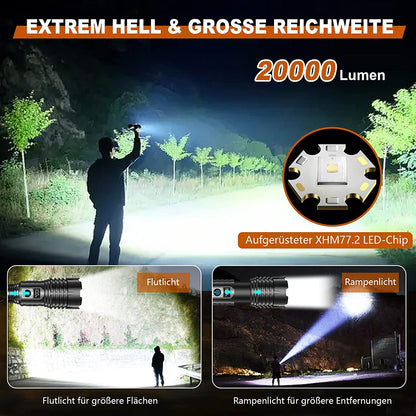 Set lanterna tactica LED, 20.000 lumeni, baterie 5000 mAh, cu functie powerbank si lanterna de urgenta cu panou solar si manivela, pentru urgente, camping, calatorie