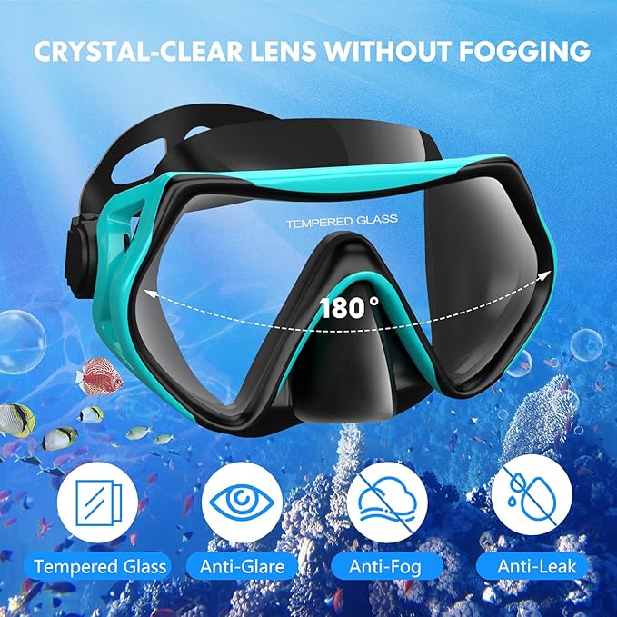 Set masca de snorkeling profesionala anti-ceata cu snorkel, cureaua reglabila, inchidere cu bila, sticla securizata, din silicon alimentar de inalta calitate, pentru barbati si femei, masca de scafandru pentru scufundari, negru/verde