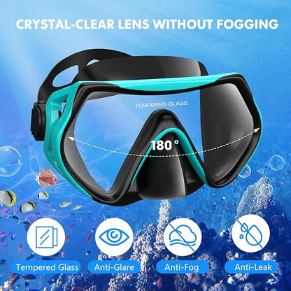 Set masca de snorkeling profesionala anti-ceata cu snorkel, cureaua reglabila, inchidere cu bila, sticla securizata, din silicon alimentar de inalta calitate, pentru barbati si femei, masca de scafandru pentru scufundari, negru/verde