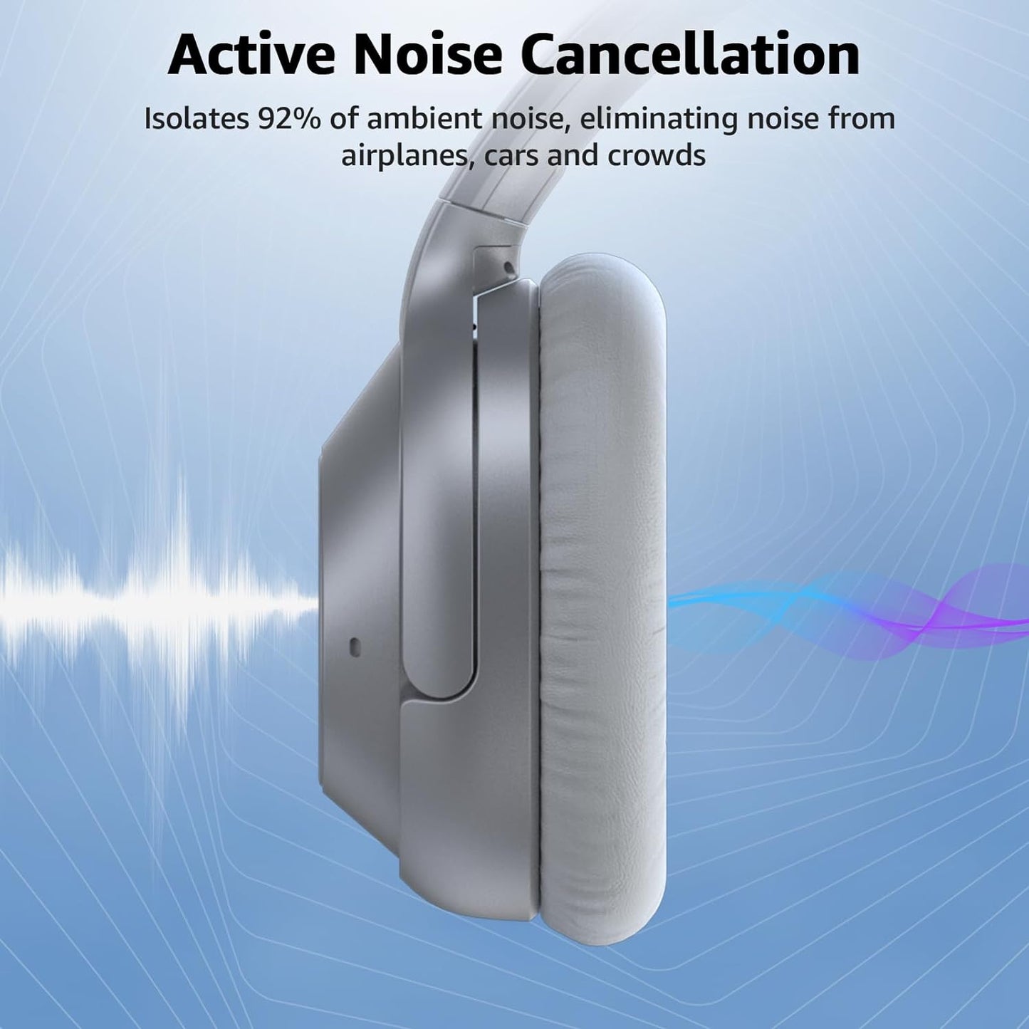 Casti wireless Over the Ear Bluetooth, Noise Cancelling ANC, sunet Hi-Fi, microfon, timp redare pana la 75 ore, Bass Music, argintiu