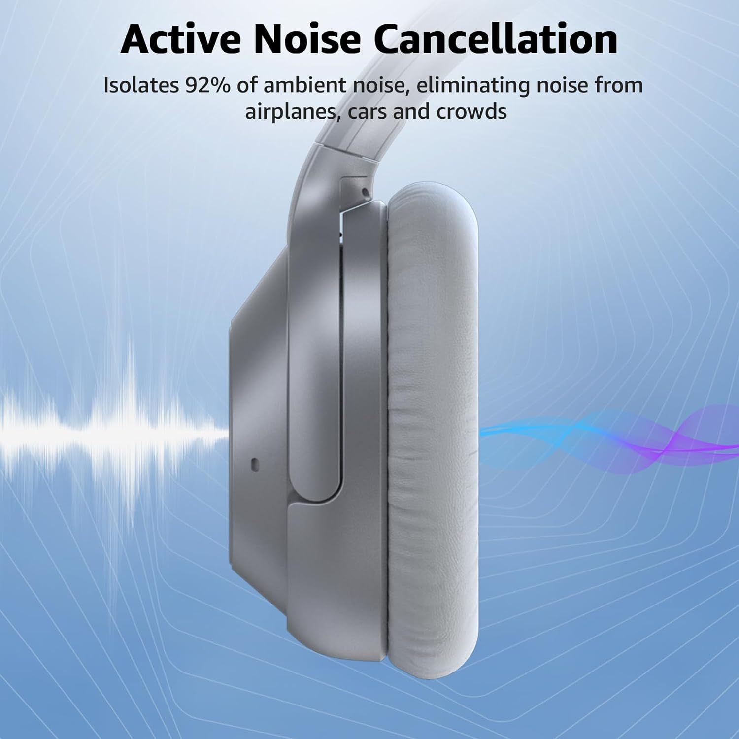 Casti wireless Over the Ear Bluetooth, Noise Cancelling ANC, sunet Hi-Fi, microfon, timp redare pana la 75 ore, Bass Music, argintiu