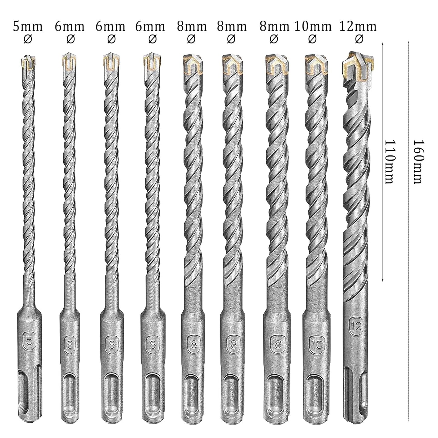 Set 9 burghie de beton SDS Plus diametru 5/6/6/6/8/8/8/10/12 mm x 160 mm, pentru beton, ciment, tencuiala, perete de caramida, tigla ceramica, zidarie