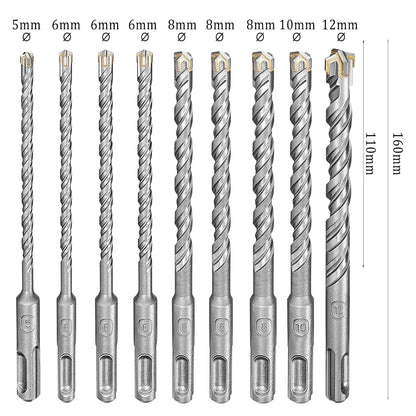 Set 9 burghie de beton SDS Plus diametru 5/6/6/6/8/8/8/10/12 mm x 160 mm, pentru beton, ciment, tencuiala, perete de caramida, tigla ceramica, zidarie