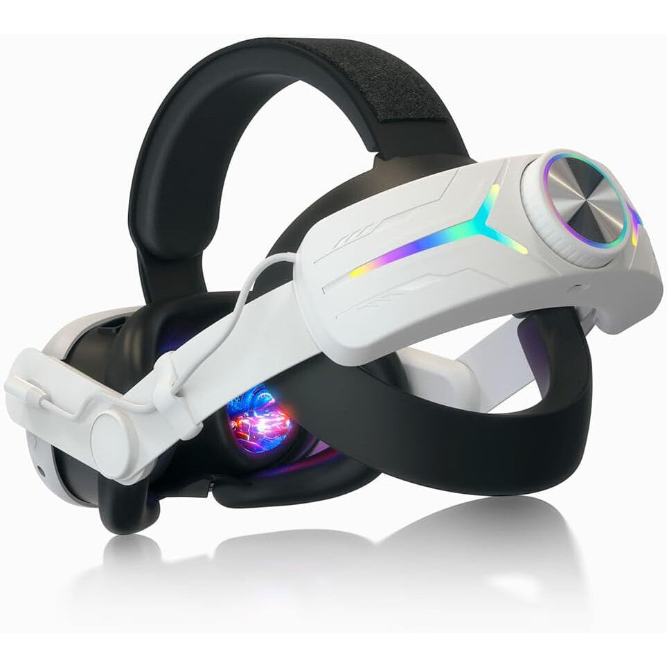 Curea de cap, strap pentru Meta Quest 3 cu acumulator 8000 mAh, cu lumini LED RGB, reglabil, incarcare rapida prin USB-C, plug and play, alb