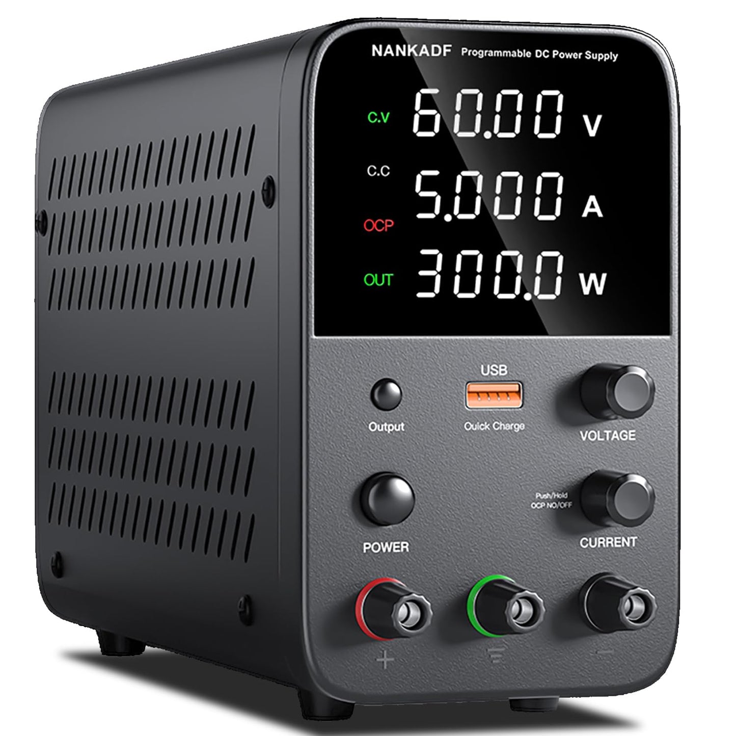 Sursa de alimentare de laborator 0-60 V, 0-5 A, 300 W, cu display LED, ventilator de racire, functie protectie supracurent (OCP), cu port USB 18 W, stabilizare voltaj si curent, CV/CC