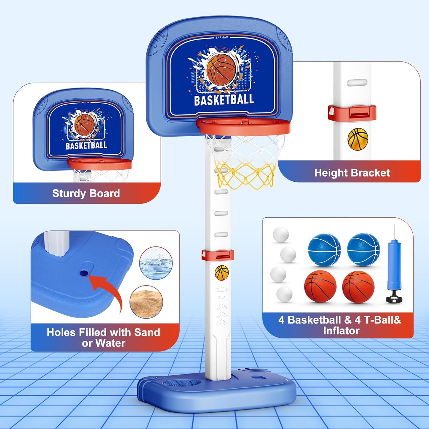 Set cos de baschet si baseball pentru copii 2 in 1 cu bata, baza de lansare, pompa, mingi, suport cu inaltime reglabila, baza stabila, pentru interior si interior, multifunctional