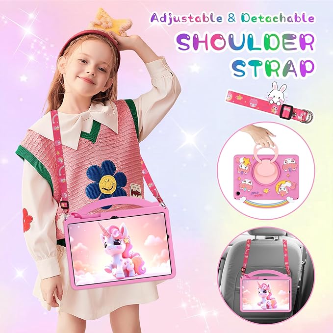 Husa Coolden 3D unicorn pentru tabletă, silicon, suport rotativ, curea de umăr, 11 inch