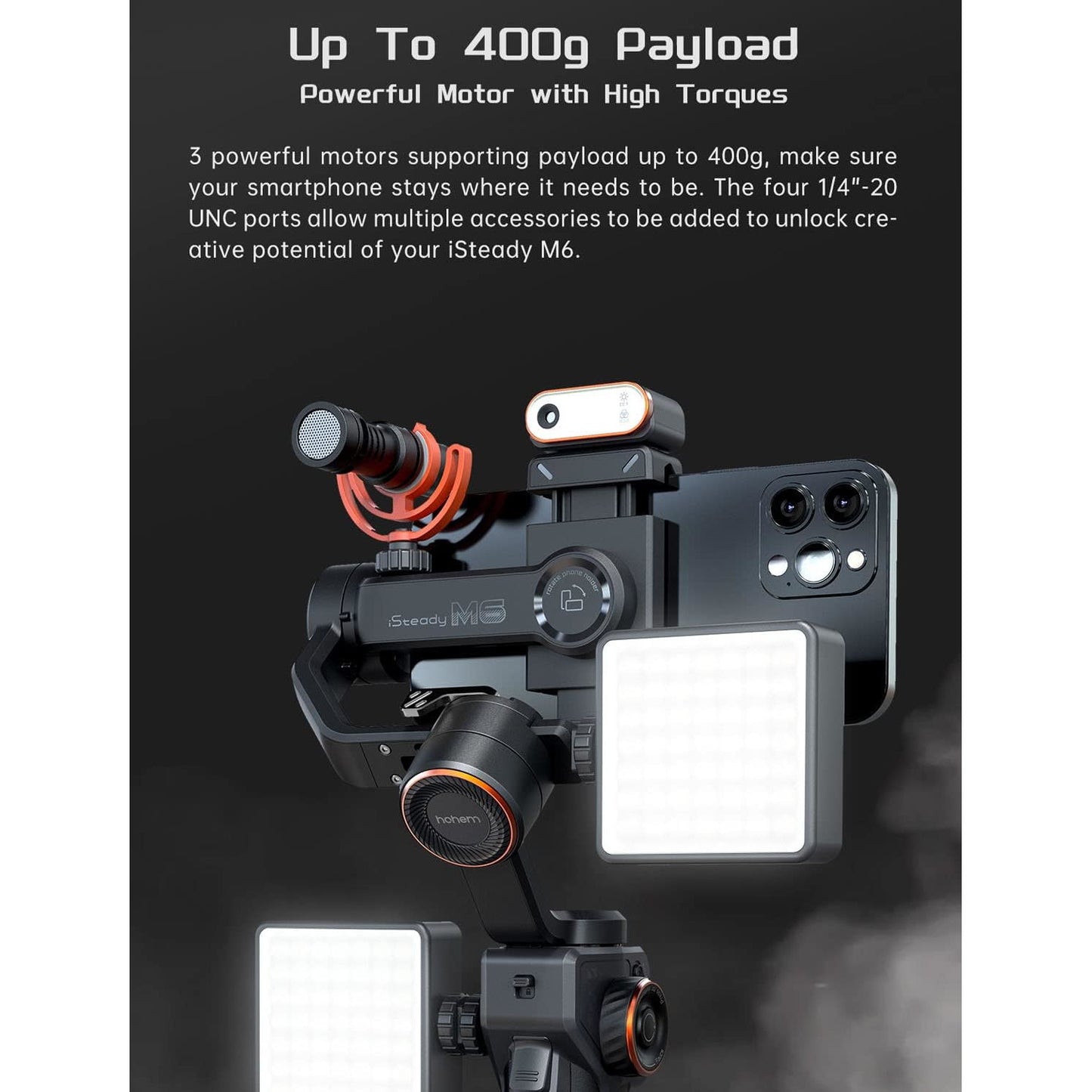 Sistem de stabilizare imagine pentru smartphone, stabilizator gimbal cu 3 axe, display OLED, lumina continua cu senzor AI, mini trepied, incarcare 400 g, Hohem iSteady M6