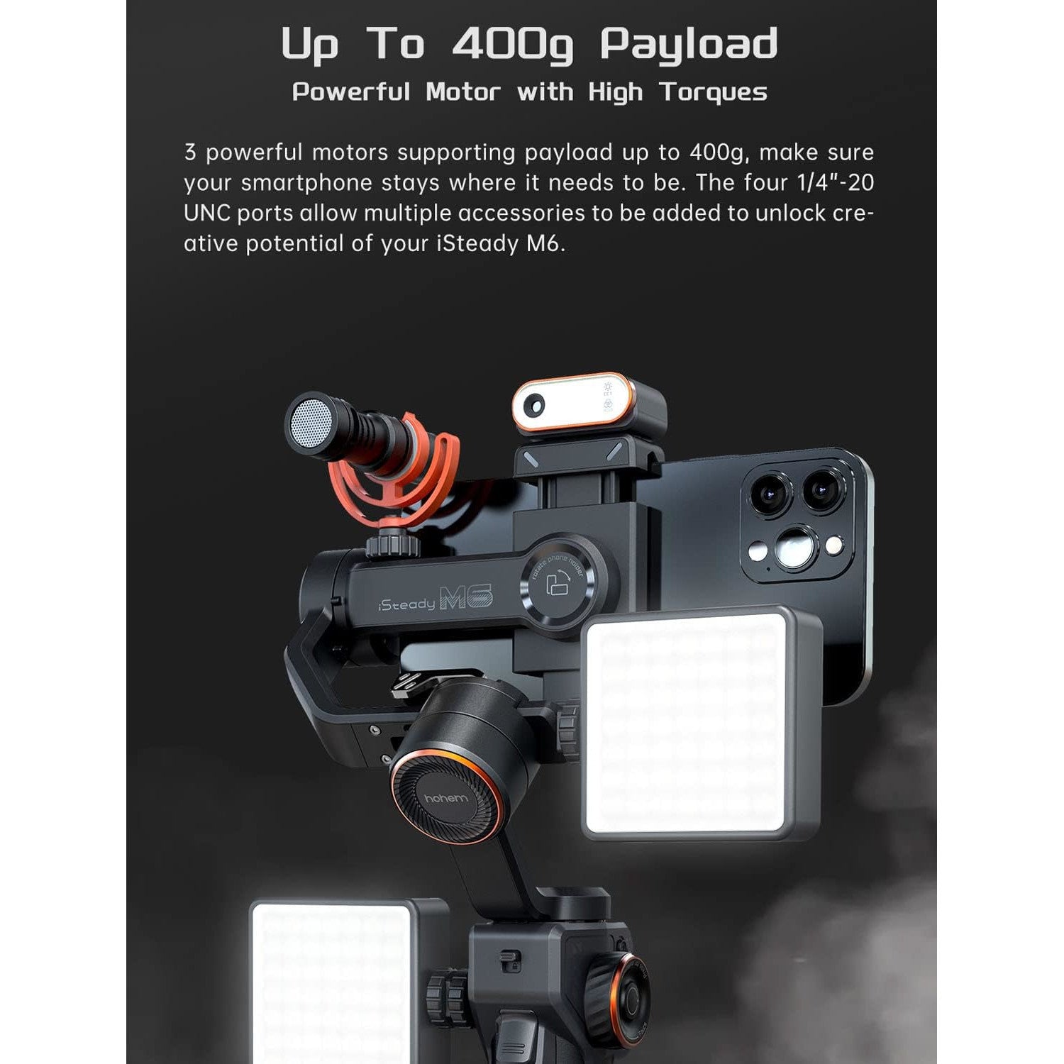 Sistem de stabilizare imagine pentru smartphone, stabilizator gimbal cu 3 axe, display OLED, lumina continua cu senzor AI, mini trepied, incarcare 400 g, Hohem iSteady M6