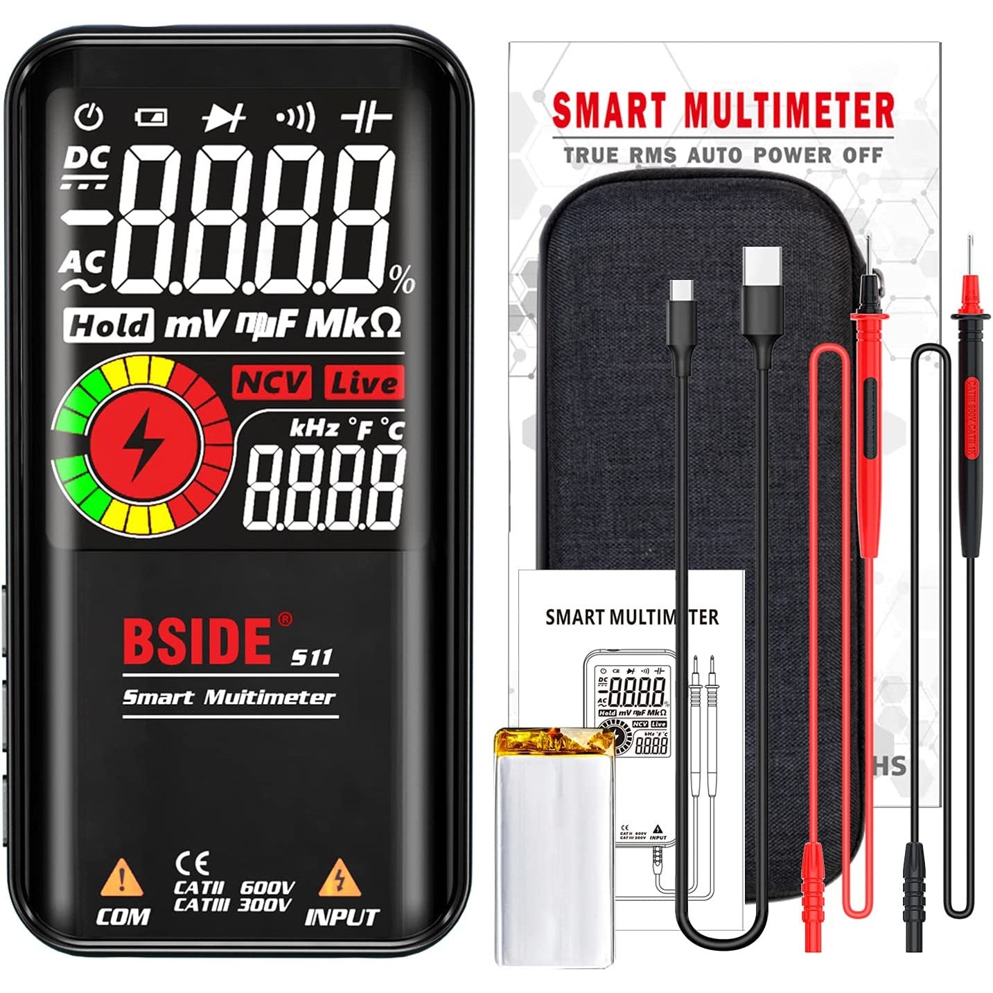Multimetru digital smart, tester cu selectarea automata a parametrilor, 9999 counts, ecran LCD 3.5 inch, True RMS, NCV, AC, DC, design slim
