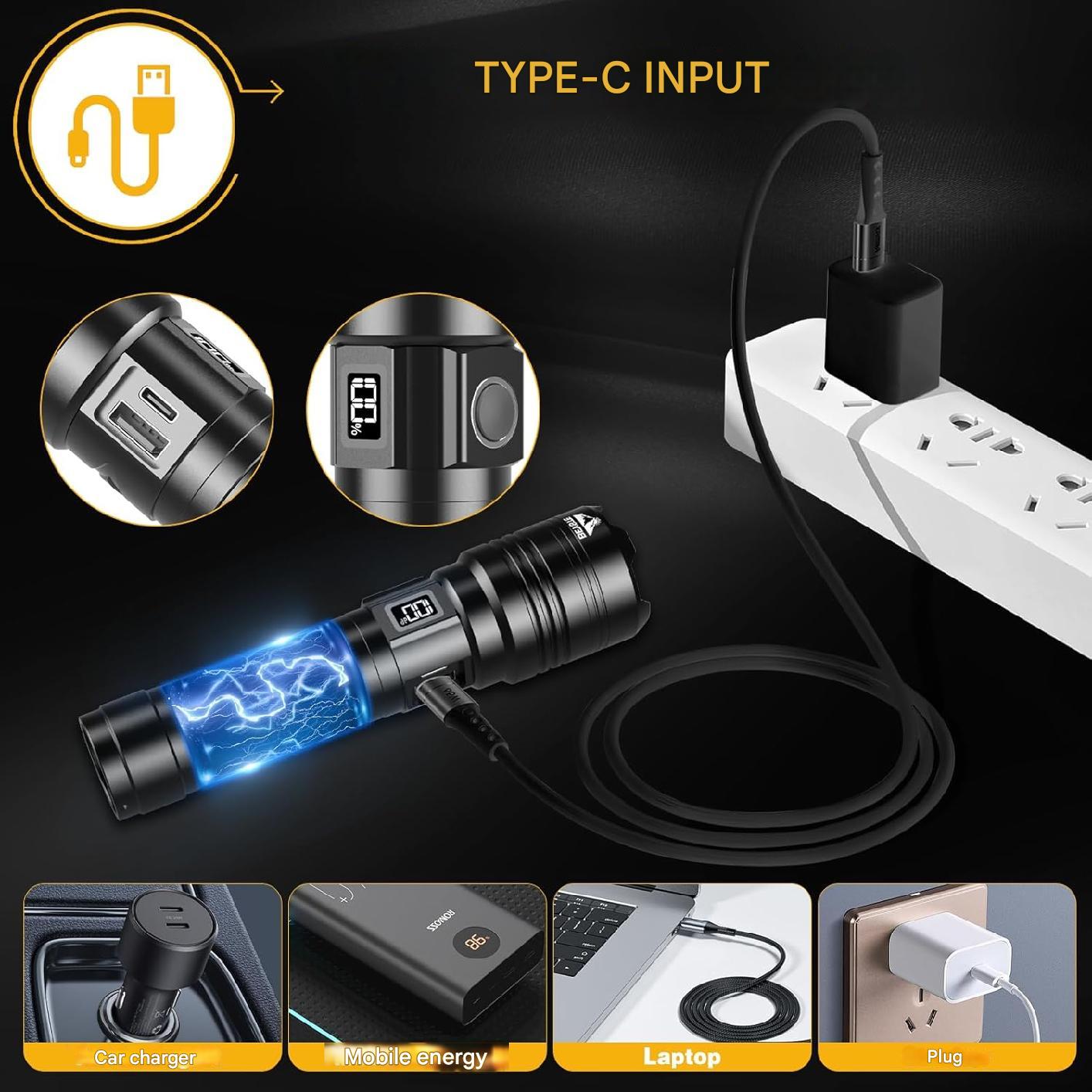 Set lanterna tactica LED cu lanterna UV mini si lampa de citit, lanterna reincarcabila din aluminiu, cu afisaj digital, impermeabila IPX6, iesire USB, in cutie de transport si depozitare