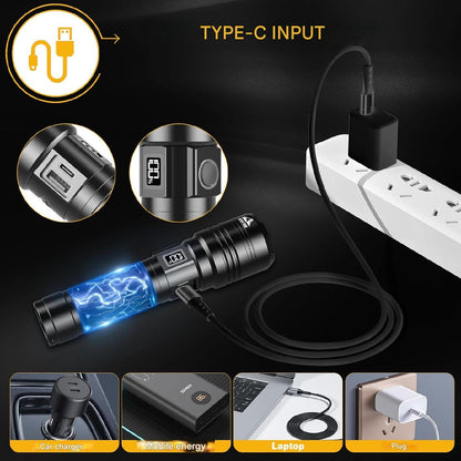 Set lanterna tactica LED cu lanterna UV mini si lampa de citit, lanterna reincarcabila din aluminiu, cu afisaj digital, impermeabila IPX6, iesire USB, in cutie de transport si depozitare