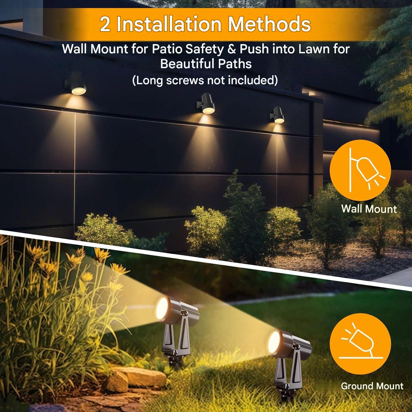 Set 10 proiectoare LED pentru gradina, 35 m, 3W/buc, lumina alb cald 3000K, reglare intensitate luminoasa din telecomanda 0–100%, temporizator 4/6/8h, IP65, 27V, alimentare la retea, negru