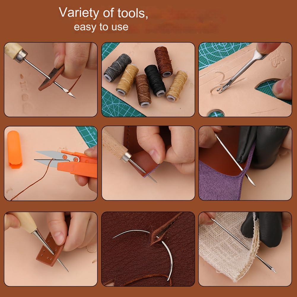 Set profesional de prelucrare a pielii, 65 de piese, stampile, perforatoare, scule marochinarie cu geanta de depozitare